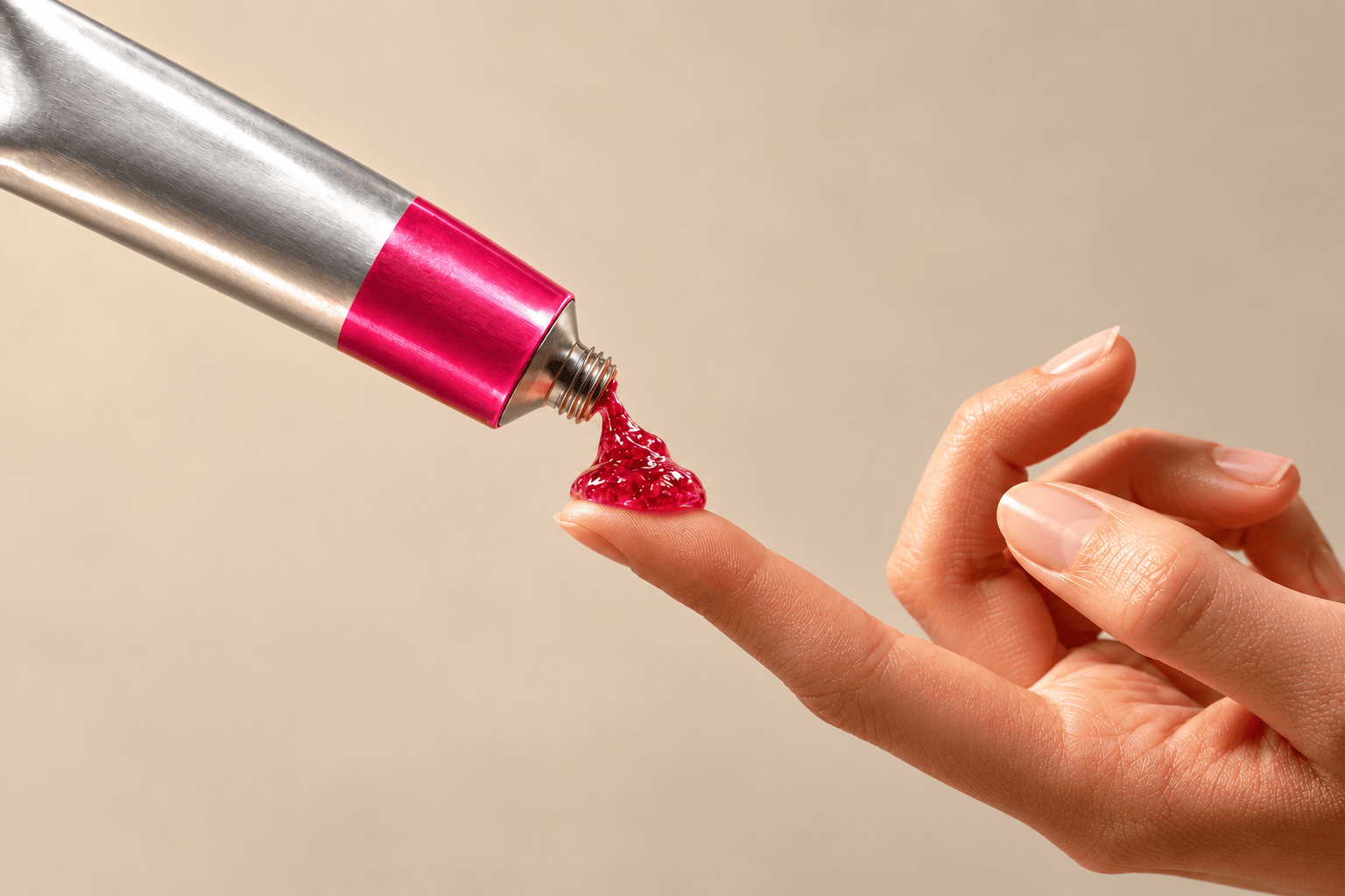 Dabbing the Framboise Litchi Bliss tube onto a fingertip