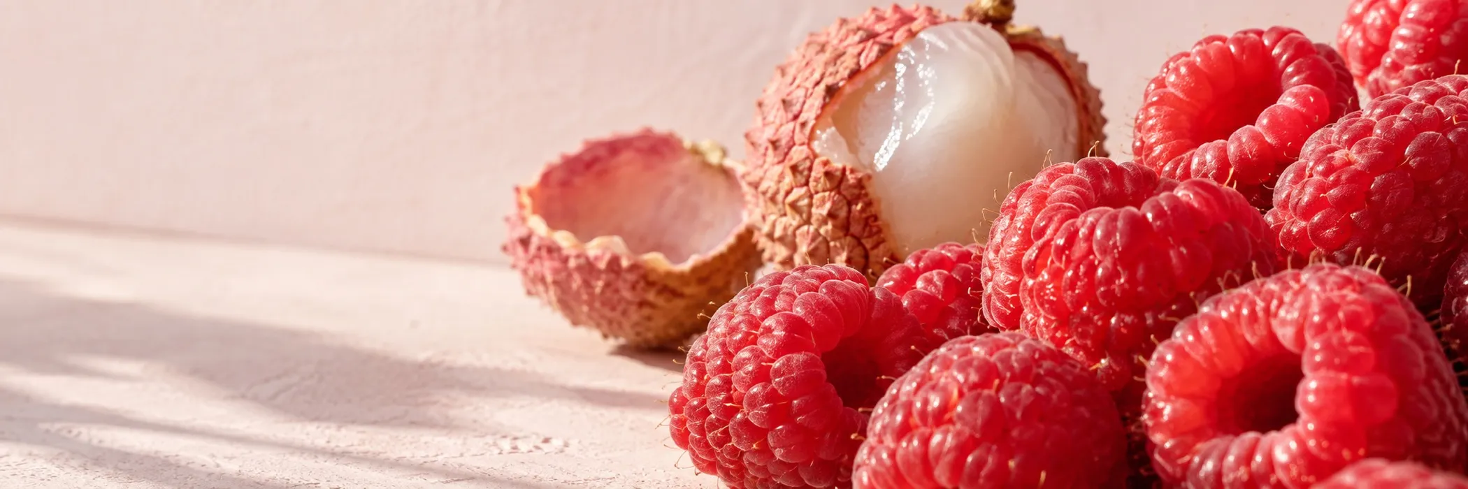 Studio close-up of raspberries and peeled litchi